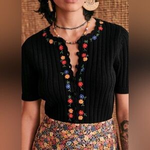 Sezane Ilena black knit embroidered cardigan M